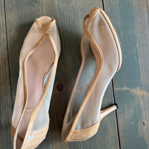 Stuart Weitzman Cream Mesh Peep-toe heels, made in Spain, size 8 - Picture 2 of 6